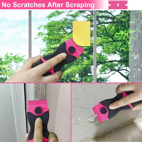 THINKWORK Razor Blade Scraper - Pink Razor Scraper Gift for Women, 2-in-1 Scraper Tool Set with 20Pcs Razor Blades for Removing Window Labels, Decals, Stickers, Glass Stove Top (2 Pack)