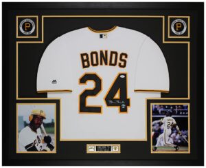 barry bonds autographed white pittsburgh pirates jersey - beautifully matted and framed - hand signed by bonds and certified authentic by jsa - includes certificate of authenticity