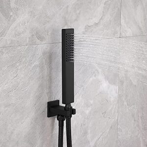 Asyas Solid Brass High Pressure Hand Held Shower Square Sprayer Head with Fixed Elbow Wall Connector Shower Holder and Hose Set Matte Black