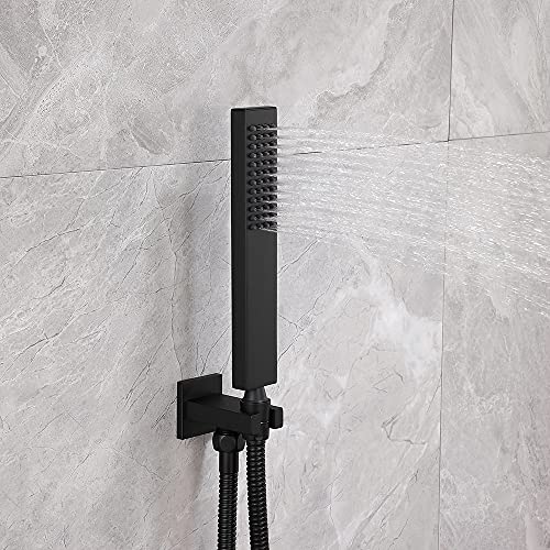 Asyas Solid Brass High Pressure Hand Held Shower Square Sprayer Head with Fixed Elbow Wall Connector Shower Holder and Hose Set Matte Black