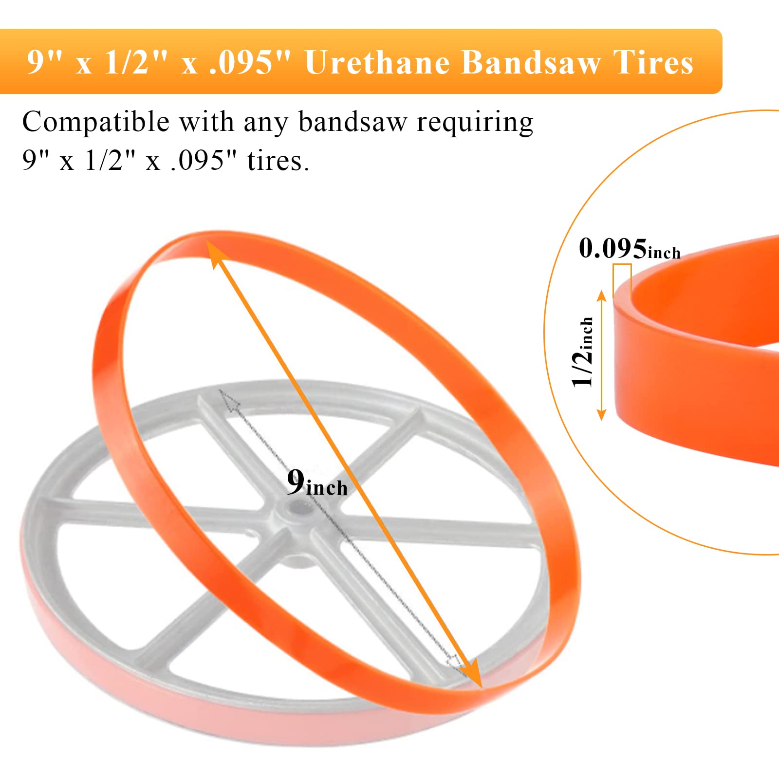 Upgrade Band Saw Urethane Tires - 9" x 1/2" x.095", for Delta Craftsman Grizzly Black & Decker Ryobi ProTech Shopfox Wen 28-150 137.21409 113.24458 Bandsaw Wheels and More Models - 2 Pack