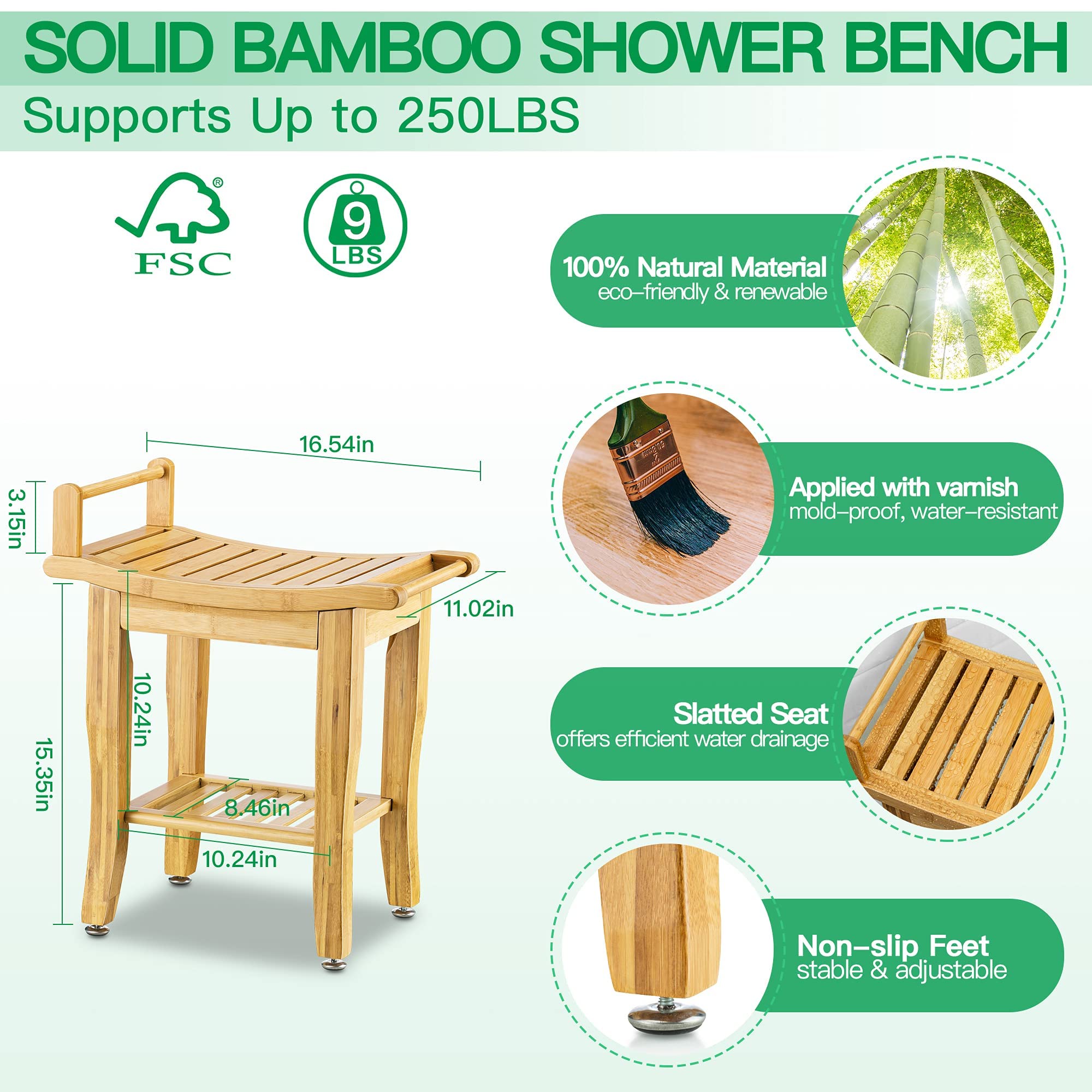 ETECHMART Bamboo Shower Bench with Storage Shelf, 2-Tier Spa Seat Bath Stool for Bathroom Bathtub Elderly Disabled Seniors Women, Inside Shower Shaving Legs, Waterproof, Natural