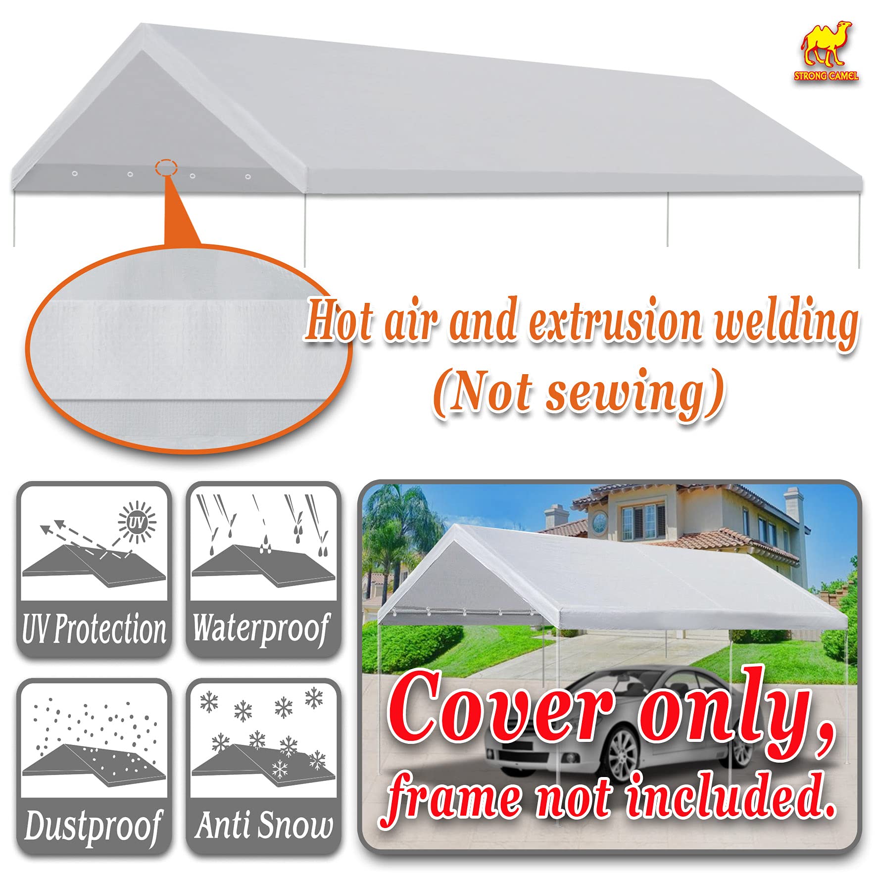 Strong Camel 12 x 20' Carport Replacement Canopy Roof Cover for Garage Shelter Carport Gazebo with Ball Bungees