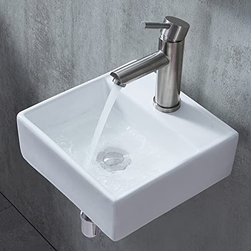 Friho 11×11×4 inch Small Sinks for Tiny Bathrooms,Countertop Sink,Wall Mount Sink,White Corner Wall Mounted Bathroom Vessel Sink,Mini Rectangle Lavatory Porcelain Ceramic Washing Bathroom Vanity Sink