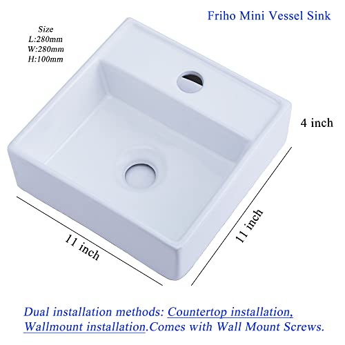 Friho 11×11×4 inch Small Sinks for Tiny Bathrooms,Countertop Sink,Wall Mount Sink,White Corner Wall Mounted Bathroom Vessel Sink,Mini Rectangle Lavatory Porcelain Ceramic Washing Bathroom Vanity Sink