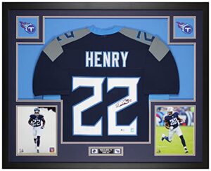 derrick henry autographed blue tennessee jersey - beautifully matted and framed - hand signed by henry and certified authentic by beckett - includes certificate of authenticity