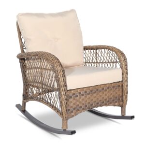 vivijason outdoor wicker rocking chair, patio rattan rocker chair with cushions & steel frame, all-weather rocking lawn wicker furniture for garden backyard porch (beige)