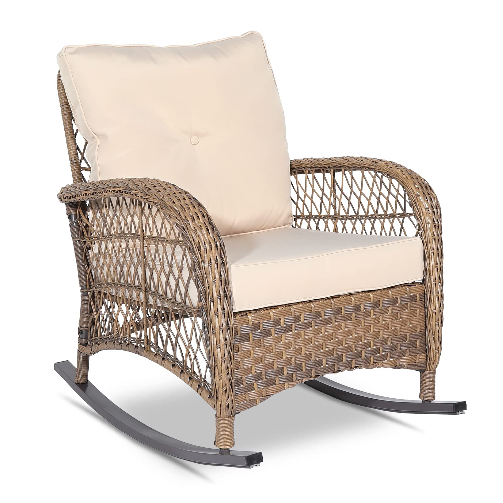 VIVIJASON Outdoor Wicker Rocking Chair, Patio Rattan Rocker Chair with Cushions & Steel Frame, All-Weather Rocking Lawn Wicker Furniture for Garden Backyard Porch (Beige)