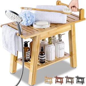 etechmart 2-tier bamboo shower bench, 24 inch spa stool with storage shelf for inside shower legs shaving, entryway or bathroom, a-shaped shower bath seat for seniors adults disabled women, natural