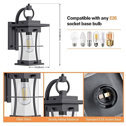 tewei Outdoor Wall Mount Porch Light Sconces IP65 E26 Waterproof Exterior Light Fixtures Wall Lantern Outside House Lamps with Clear Seeded Glass for Porch Patio Garage Black Metal (1 Pack)