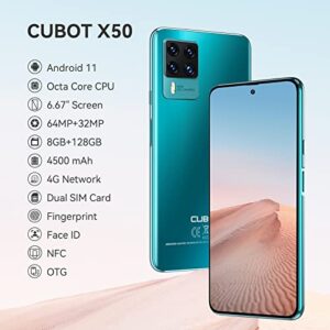 CUBOT X50 Smartphone 8GB 128GB, 6.67" FHD+ Display 64MP Quad Camera, 4500mAh Battery, Support AT&T, T-Mobile, 4G Dual SIM, NFC, Face ID Green