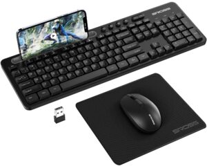 wireless keyboard and mouse combo - keyboard with phone holder, ivsotek 2.4ghz usb wireless keyboard mouse combo, full-size keyboard and mouse for computer, desktop and laptop (black)