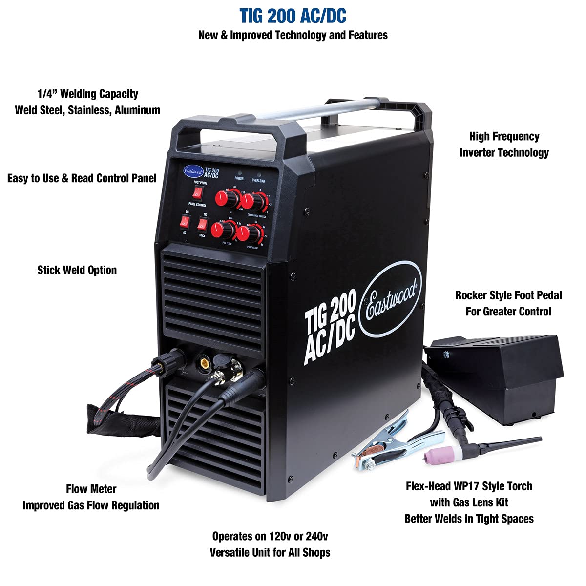 Eastwood AC/DC TIG Welder System | 1/4 Inch Thick Welding Capacity | Duty cycle of 60% at 190 Amps | 110 & 220V Dual Voltage TIG Welding with Rocker Style Foot Pedal | Black