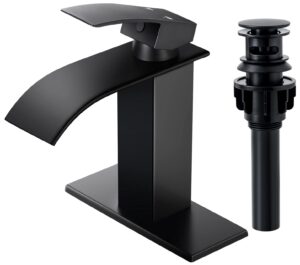 qomolangma waterfall bathroom faucet, matte black modern single handle bathroom faucets for 1 or 3 hole bathroom sink faucet mixer tap washbasin faucet with deck, pop-up drain and supply hoses