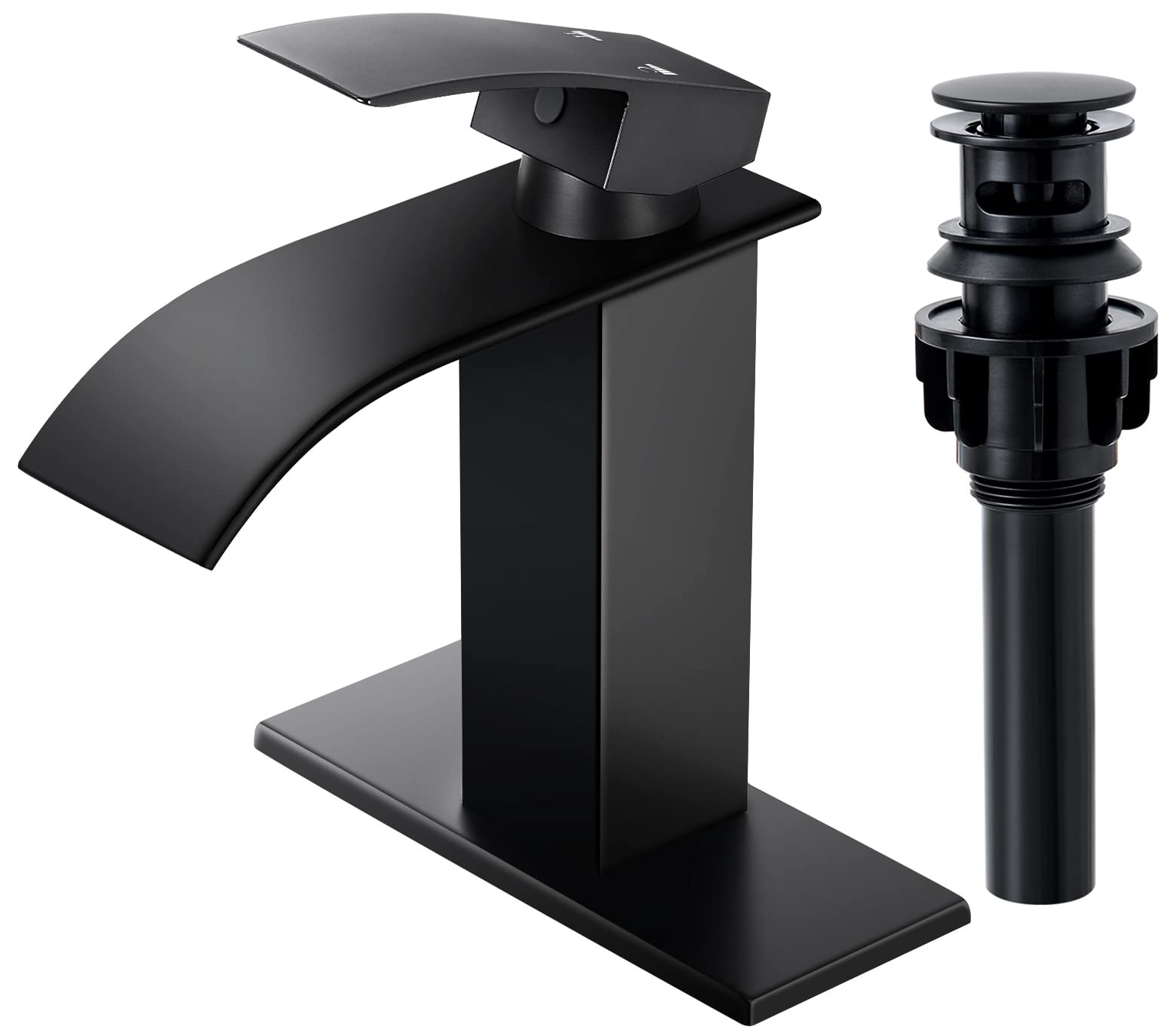 Qomolangma Waterfall Bathroom Faucet, Matte Black Modern Single Handle Bathroom Faucets for 1 or 3 Hole Bathroom Sink Faucet Mixer Tap Washbasin Faucet with Deck, Pop-up Drain and Supply Hoses