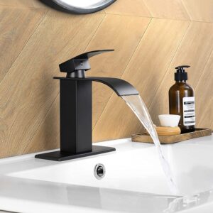 Qomolangma Waterfall Bathroom Faucet, Matte Black Modern Single Handle Bathroom Faucets for 1 or 3 Hole Bathroom Sink Faucet Mixer Tap Washbasin Faucet with Deck, Pop-up Drain and Supply Hoses