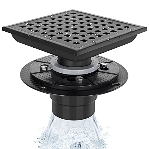 Shower Drain SUS 304, Lemecima 6 Inch Square Floor Drain with Flange, Quadrato Pattern Grate Removable for Bathroom, Hair Drain Cleaner Tool, Matte Black