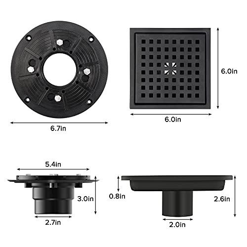 Shower Drain SUS 304, Lemecima 6 Inch Square Floor Drain with Flange, Quadrato Pattern Grate Removable for Bathroom, Hair Drain Cleaner Tool, Matte Black