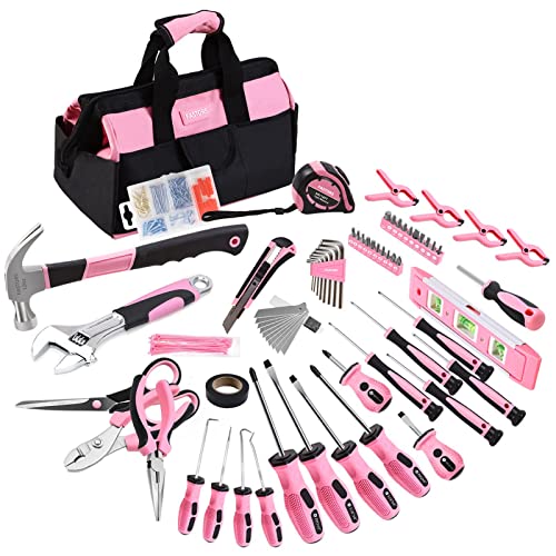 FASTORS Pink Tool Set,218-Piece Tools with Pink Tool Kit for Women Home Improvement,The Tool Set with 13-Inch Wide Mouth Open Storage Tool Bag,Can As a Great Gift for Women