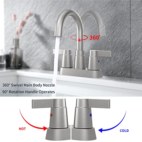 Bathroom Faucet Brushed Nickel 2-Handle Bathroom Sink Faucet 360 Degree High Arc Swivel Spout Centerset 4 Inch Vanity Faucet RV Bathroom Faucet 3 Holes Lavatory Faucet