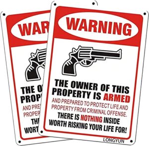 no trespassing sign, 2pcs private property no trespassing gun signs metal rust free aluminum, uv ink printing, reflective, weatherproof, outdoor keep out sign for home/garden/ 10 x 7 inch