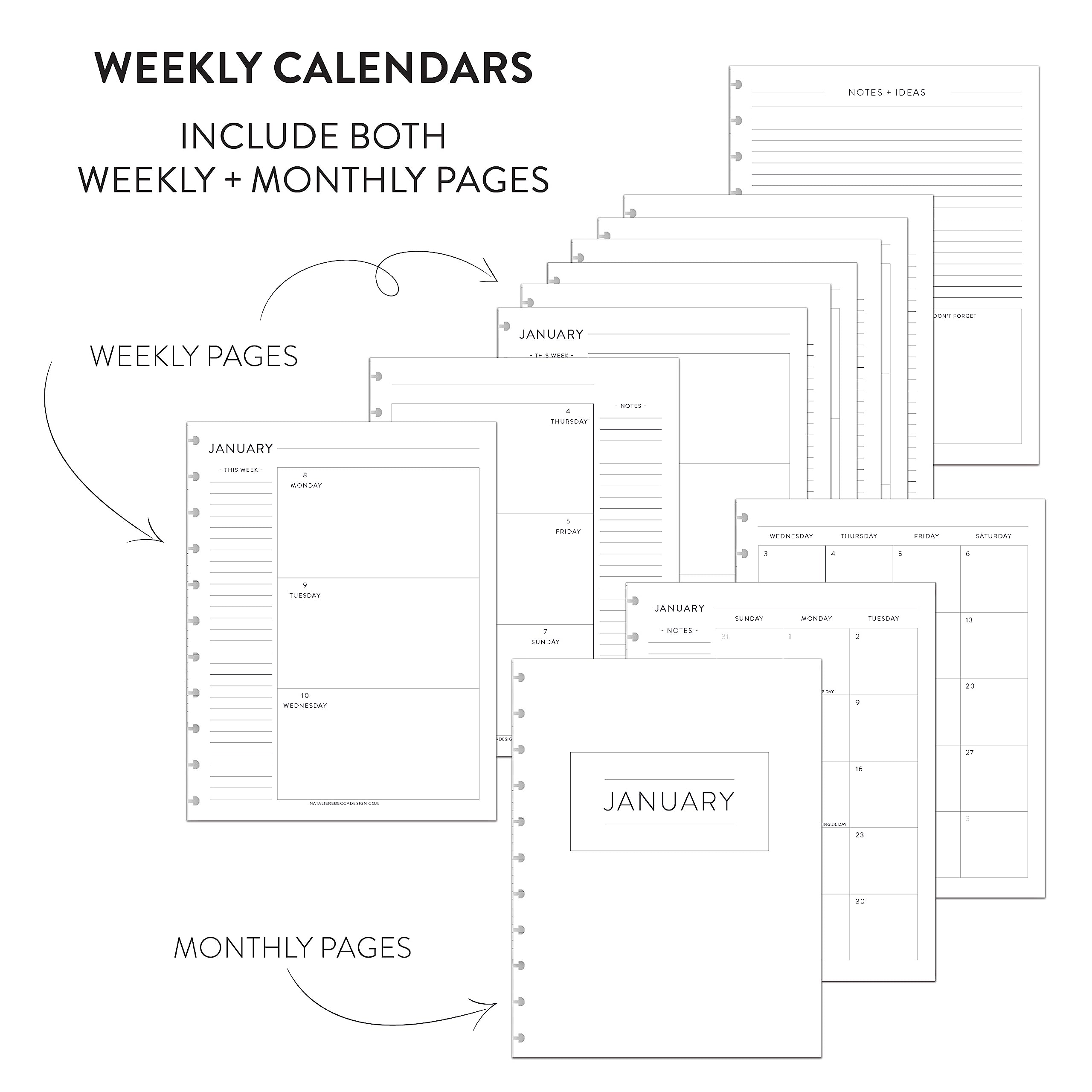 BetterNote 2024 HORIZONTAL Calendar Refill for Disc Notebook, Fits Levenger Circa, Staples Arc Jr, TUL Office Depot, Happy Planner, InkWell Press, MAMBI, NOTIQ (Modern, 11-Disc, 8.5"x11")