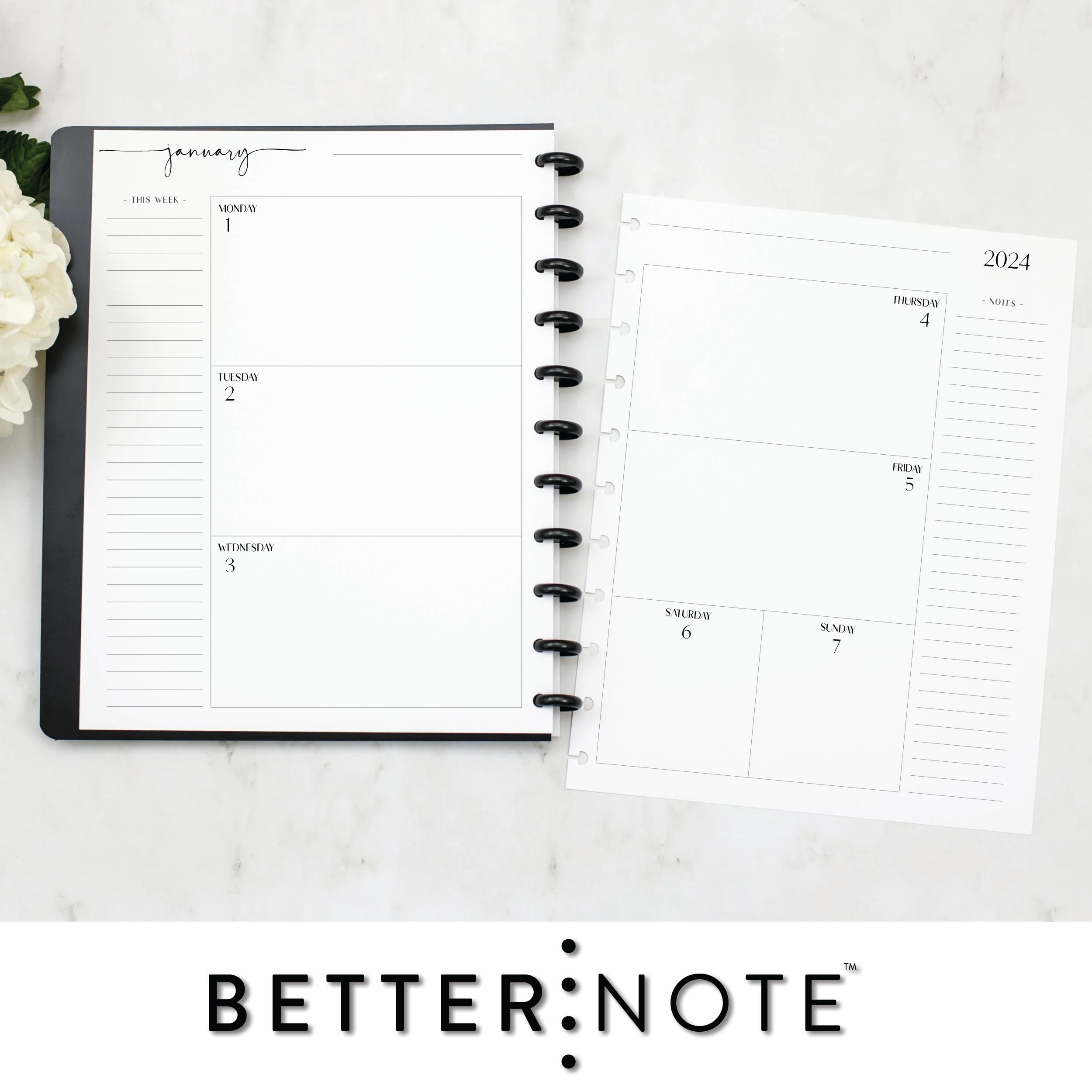 BetterNote 2024 HORIZONTAL Calendar Refill for Disc Notebook, Fits Levenger Circa, Staples Arc Jr, TUL Office Depot, Happy Planner, InkWell Press, MAMBI, NOTIQ (Modern, 11-Disc, 8.5"x11")