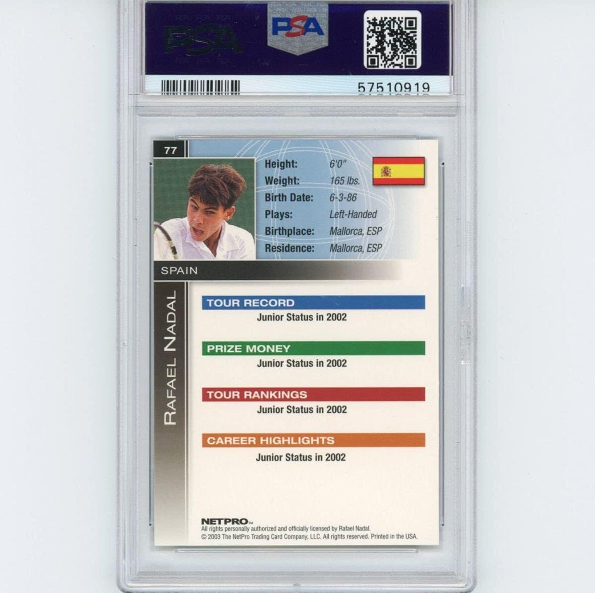 Graded 2003 Netpro Rafael Nadal #77 International Series Rookie RC Tennis Card PSA 10 Gem Mint