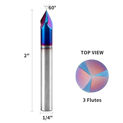EANOSIC 60 Degree V Groove Router Bit 1/4 Inch Shank, 3-Flute Nano Blue Coated Solid Carbide V Router Bit for CNC Engraving and Chamfering