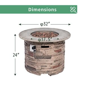 Koncemel Outdoor Propane Fire Pit Table, 32 Inch 40,000BTU Brown Cylinder Concrete Gas Fire Table w Lava Rocks, Cover