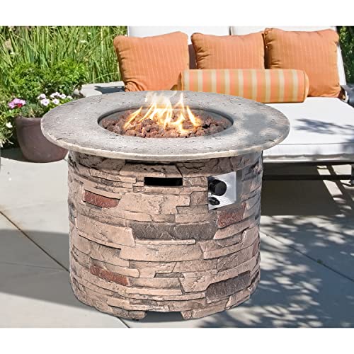 Koncemel Outdoor Propane Fire Pit Table, 32 Inch 40,000BTU Brown Cylinder Concrete Gas Fire Table w Lava Rocks, Cover