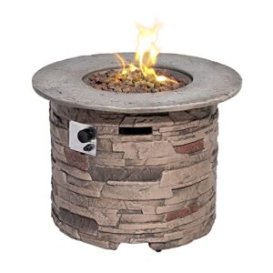 Koncemel Outdoor Propane Fire Pit Table, 32 Inch 40,000BTU Brown Cylinder Concrete Gas Fire Table w Lava Rocks, Cover