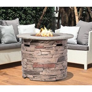 Koncemel Outdoor Propane Fire Pit Table, 32 Inch 40,000BTU Brown Cylinder Concrete Gas Fire Table w Lava Rocks, Cover