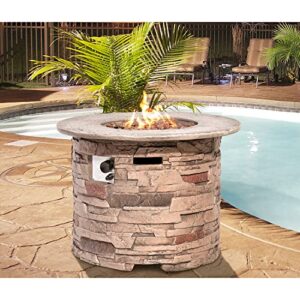 Koncemel Outdoor Propane Fire Pit Table, 32 Inch 40,000BTU Brown Cylinder Concrete Gas Fire Table w Lava Rocks, Cover