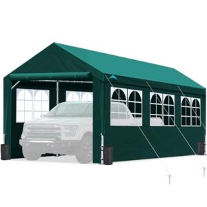 advance outdoor 10x20 ft heavy duty carport with window sidewalls and doors, adjustable height from 9.5 ft to 11 ft, car canopy garage party tent boat shelter, green