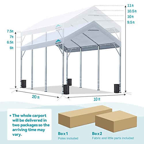ADVANCE OUTDOOR Adjustable 10x20 ft Carport Heavy Duty Car Canopy Garage Party Tent Outdoor Boat Shelter, with 8 Reinforced Poles and 4 Weight Bags, Adjustable Height from 9.5 ft to 11 ft, White