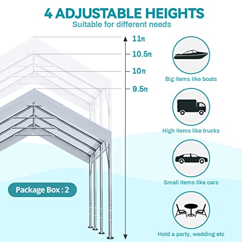 ADVANCE OUTDOOR Adjustable 10x20 ft Carport Heavy Duty Car Canopy Garage Party Tent Outdoor Boat Shelter, with 8 Reinforced Poles and 4 Weight Bags, Adjustable Height from 9.5 ft to 11 ft, White