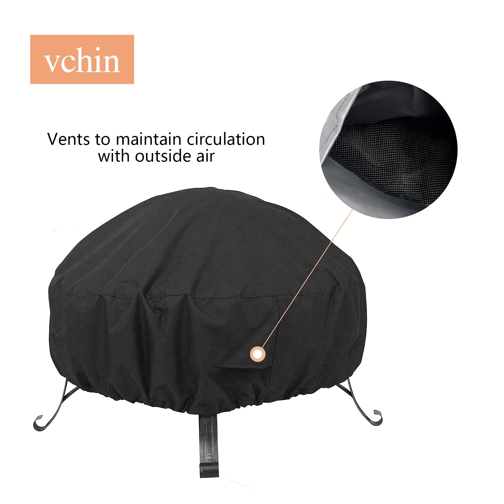 vchin Round Fire Pit Cover 40-44 Inch 600D Heavy Duty Gas Firepit Cover, PVC Coating Waterproof and Fade Resistant Outdoor Fire Pit Table Cover with Drawstring and Handles (44" Dia x 18" H)