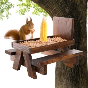 youeon wooden squirrel feeder with corn holder, squirrel picnic table feeder with bench and plank squirrel feeder table stable squirrel feeders for outside, garden, yard, holding nuts, fruits, berries