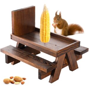 YOUEON Wooden Squirrel Feeder with Corn Holder, Squirrel Picnic Table Feeder with Bench and Plank Squirrel Feeder Table Stable Squirrel Feeders for Outside, Garden, Yard, Holding Nuts, Fruits, Berries