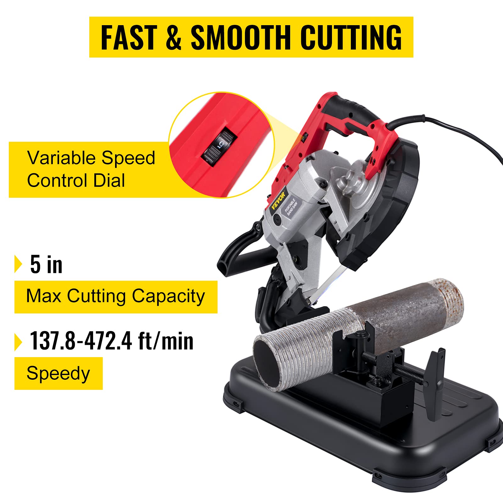 VEVOR Portable Band Saw, 110V Removable Alloy Steel Base Cordless 5 Inch Cutting Capacity Hand held Variable Speed Portable Bandsaw, 10Amp Motor Deep Cut Band saw for Metal Wood