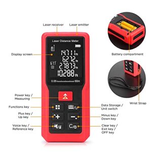 Laser Distance Meter,Laser Measure Tool 196ft/60m Area Volume Pythagorean Laser Rangefinder,High Precision Portable Range Finder with Digital Level for Measuring Distance,M/in/Ft,100 Data Set Storage