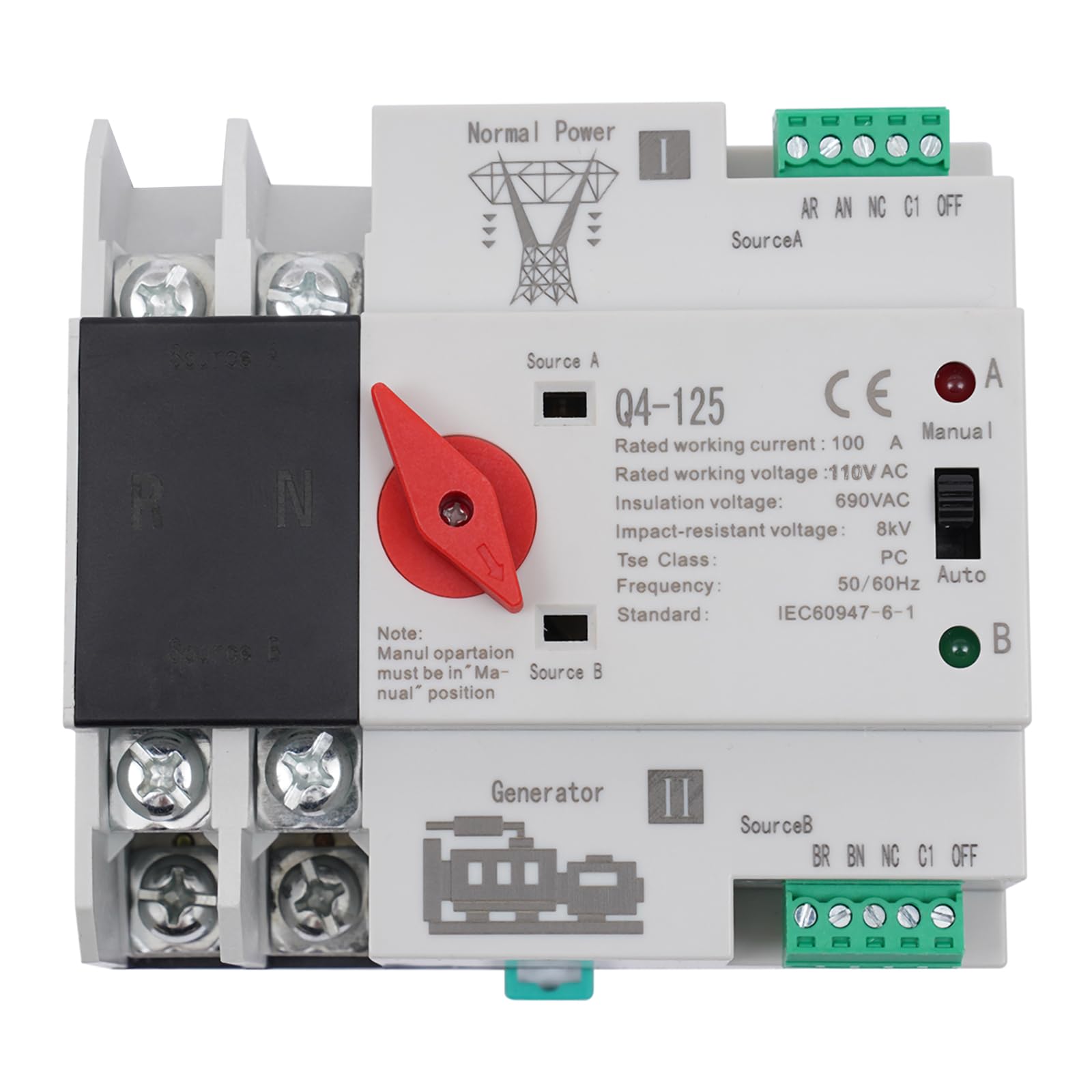 Mini 2P 100A 110V Dual Power Automatic Transfer Switch Generator Changeover Switch Tools Dual Power Switch Din Rail Type ATS 63A