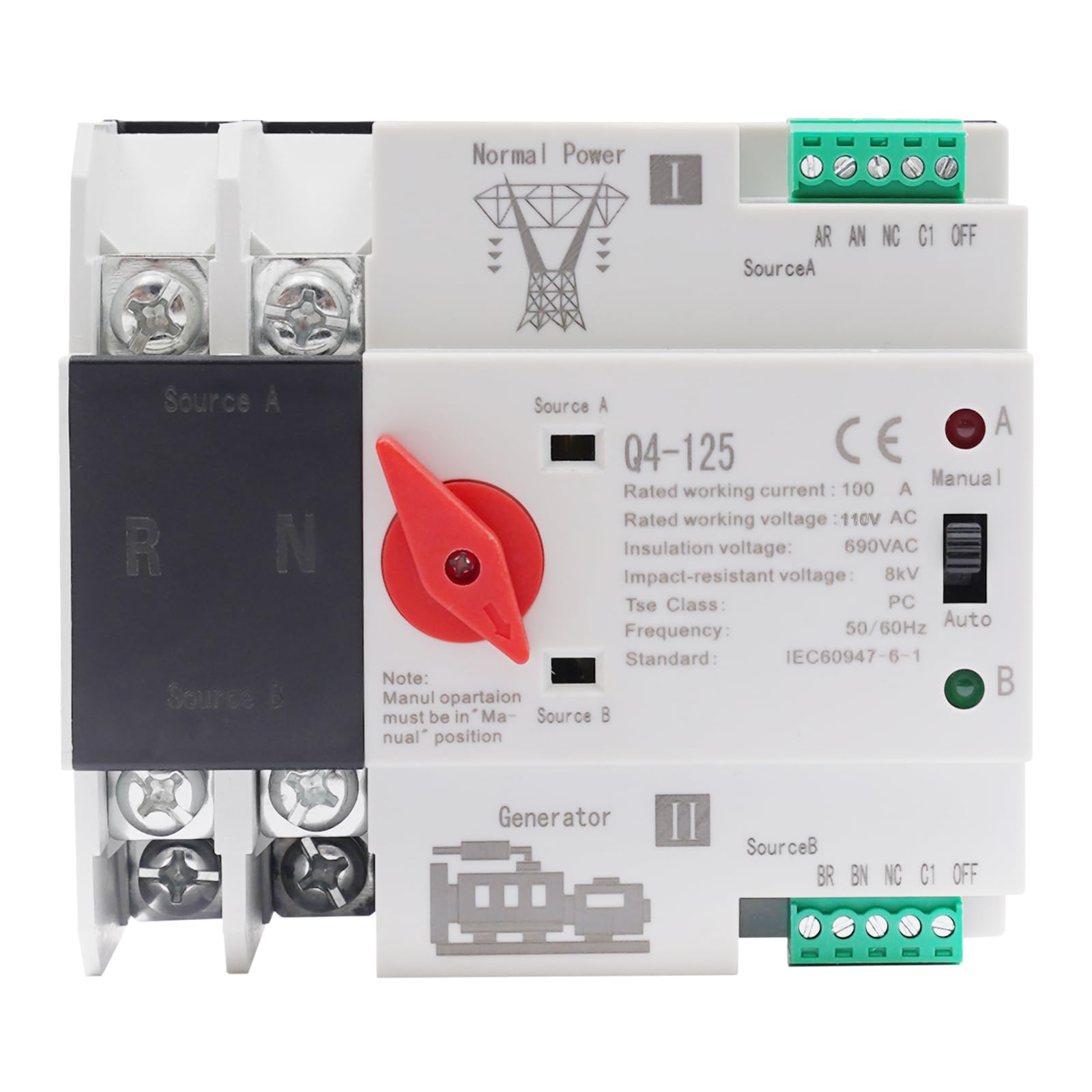 Mini 2P 100A 110V Dual Power Automatic Transfer Switch Generator Changeover Switch Tools Dual Power Switch Din Rail Type ATS 63A