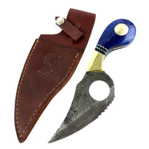 The Bone Edge 7.5 Damascus Blade Hunting Tactical Survival Fixed Blade Knife Blue Handle Leather She by Survival Steel