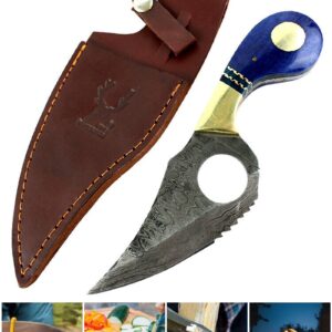 The Bone Edge 7.5 Damascus Blade Hunting Tactical Survival Fixed Blade Knife Blue Handle Leather She by Survival Steel