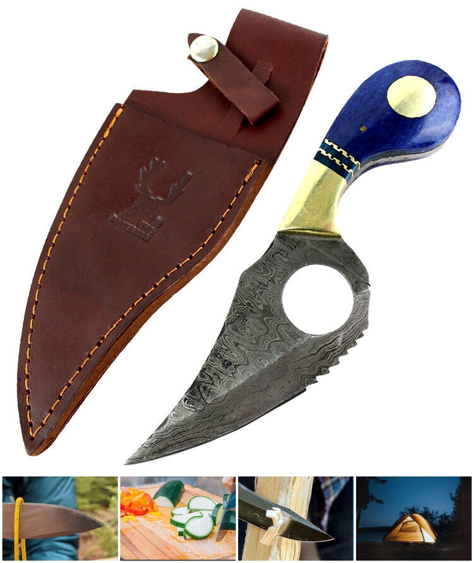 The Bone Edge 7.5 Damascus Blade Hunting Tactical Survival Fixed Blade Knife Blue Handle Leather She by Survival Steel