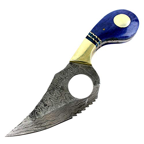 The Bone Edge 7.5 Damascus Blade Hunting Tactical Survival Fixed Blade Knife Blue Handle Leather She by Survival Steel