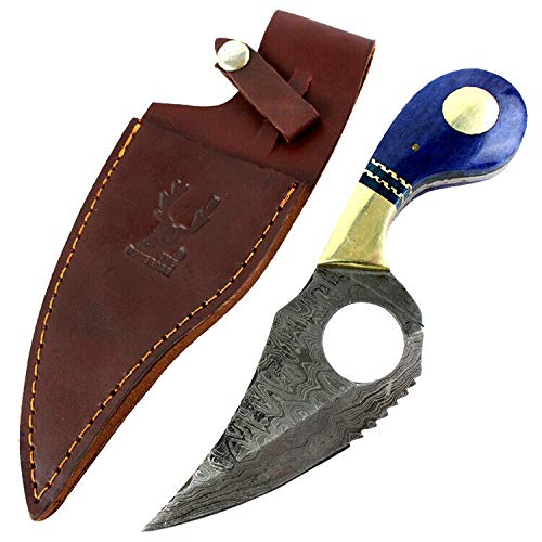 The Bone Edge 7.5 Damascus Blade Hunting Tactical Survival Fixed Blade Knife Blue Handle Leather She by Survival Steel