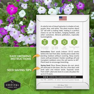 Survival Garden Seeds - Dwarf Petunia Seed Mix for Planting - Packet with Instructions to Plant and Grow Colorful Flowers to Attract Pollinators to Your Home Garden - Non-GMO Heirloom Variety